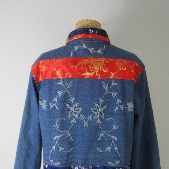 Vtg Chicos 1 Women M Blue Denim Jacket Red Gold Floral Embroidered Pewter Button - Picture 12 of 12